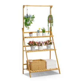 3-Layer Wood Plant Shelves With Hanging Rod