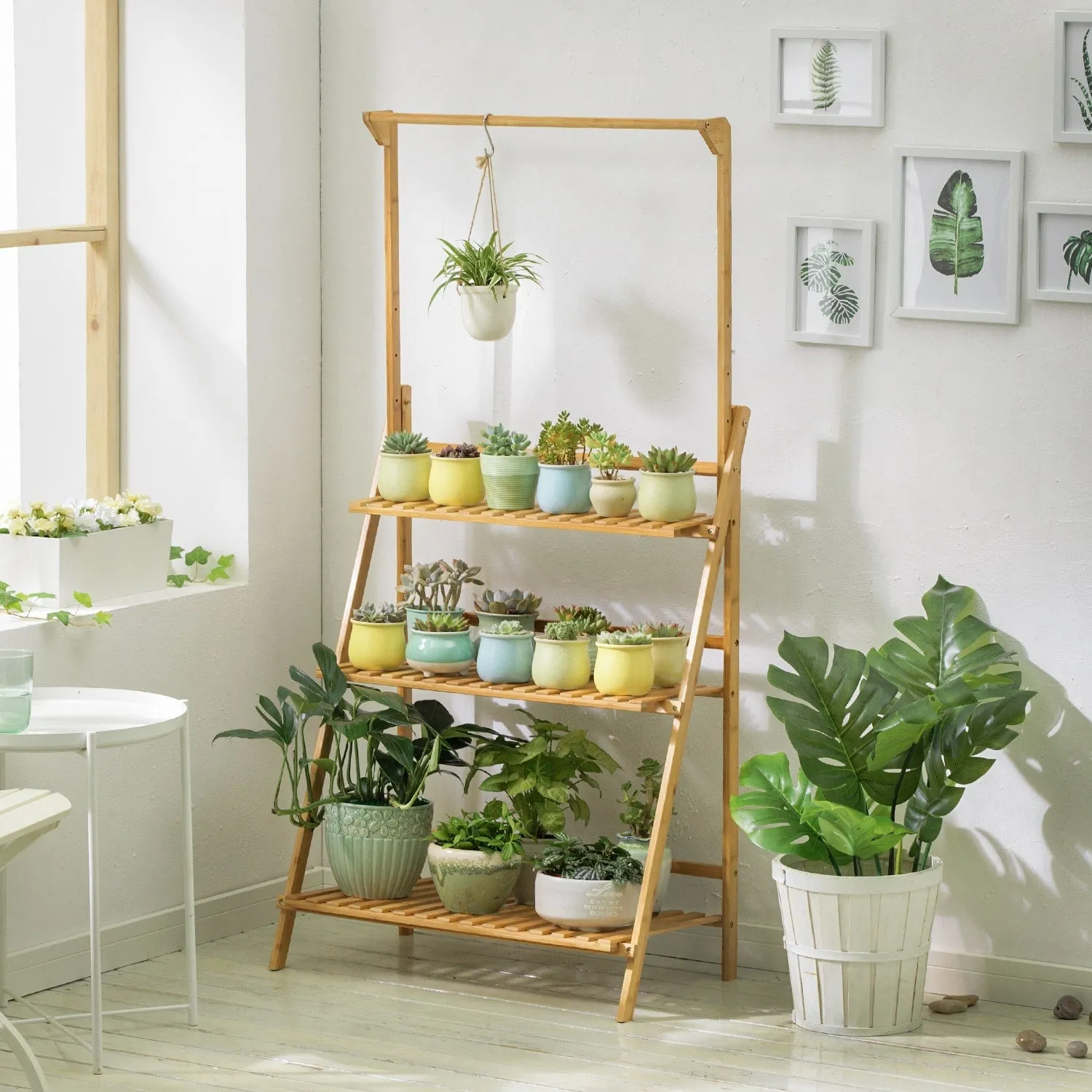 3-Layer Wood Plant Shelves With Hanging Rod