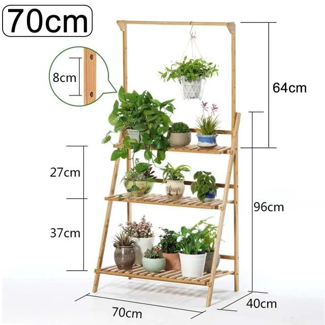 3-Layer Wood Plant Shelves With Hanging Rod