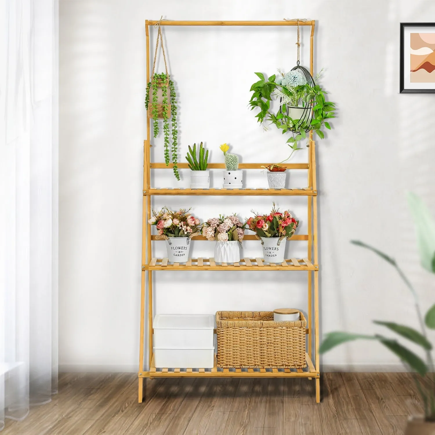 3-Layer Wood Plant Shelves With Hanging Rod