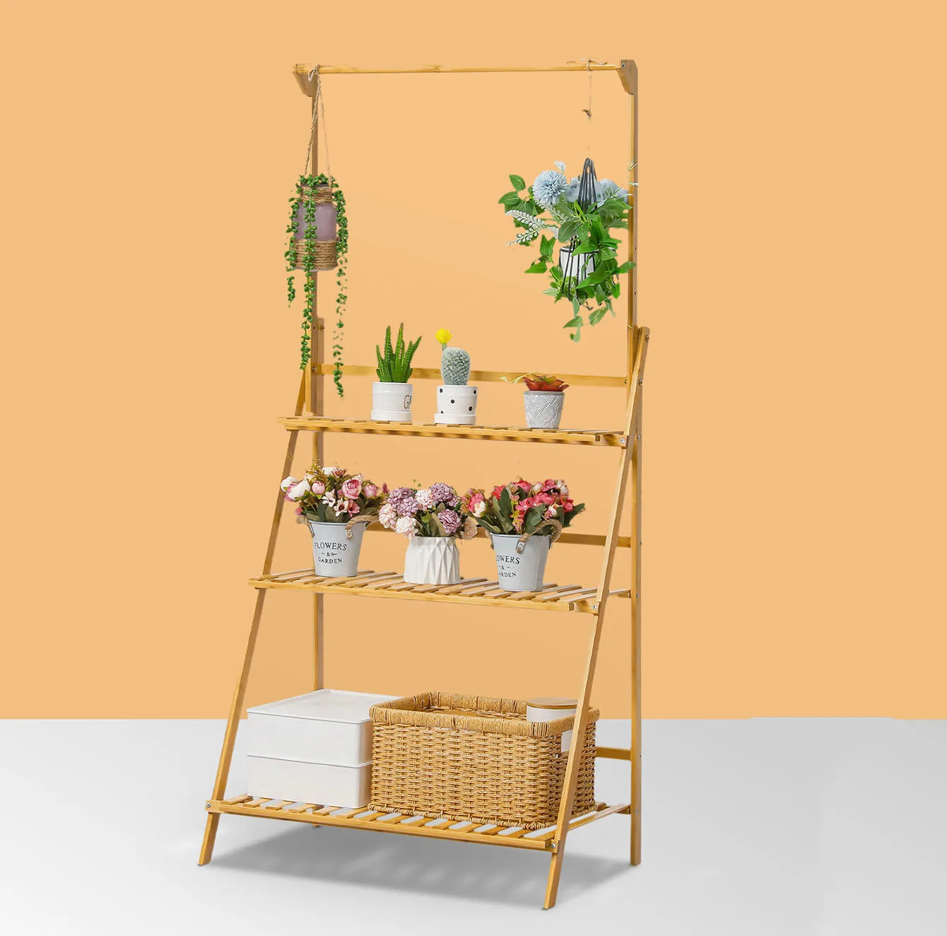 3-Layer Wood Plant Shelves With Hanging Rod