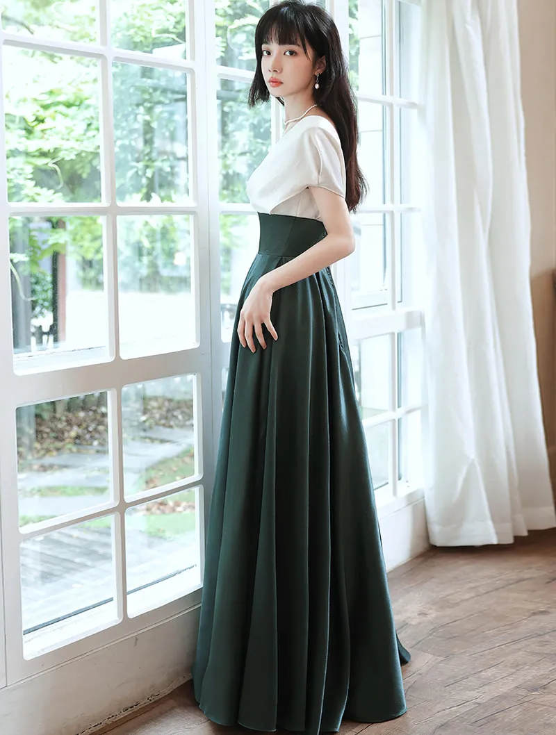 A-line Satin White and Green Long Party Dress, V-neckline Long Prom Dress Formal Dress