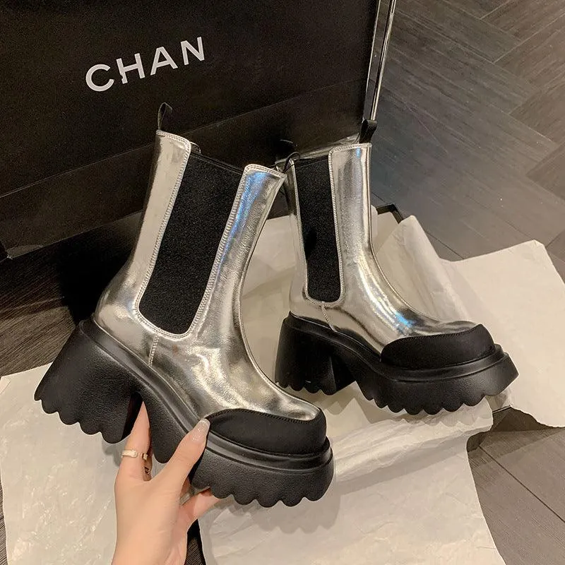 Autumn And Winter Cowhide Silver Platform Martin Boots High Heels Fleece-lined Waterproof Platform Thick Heel Stretch Women