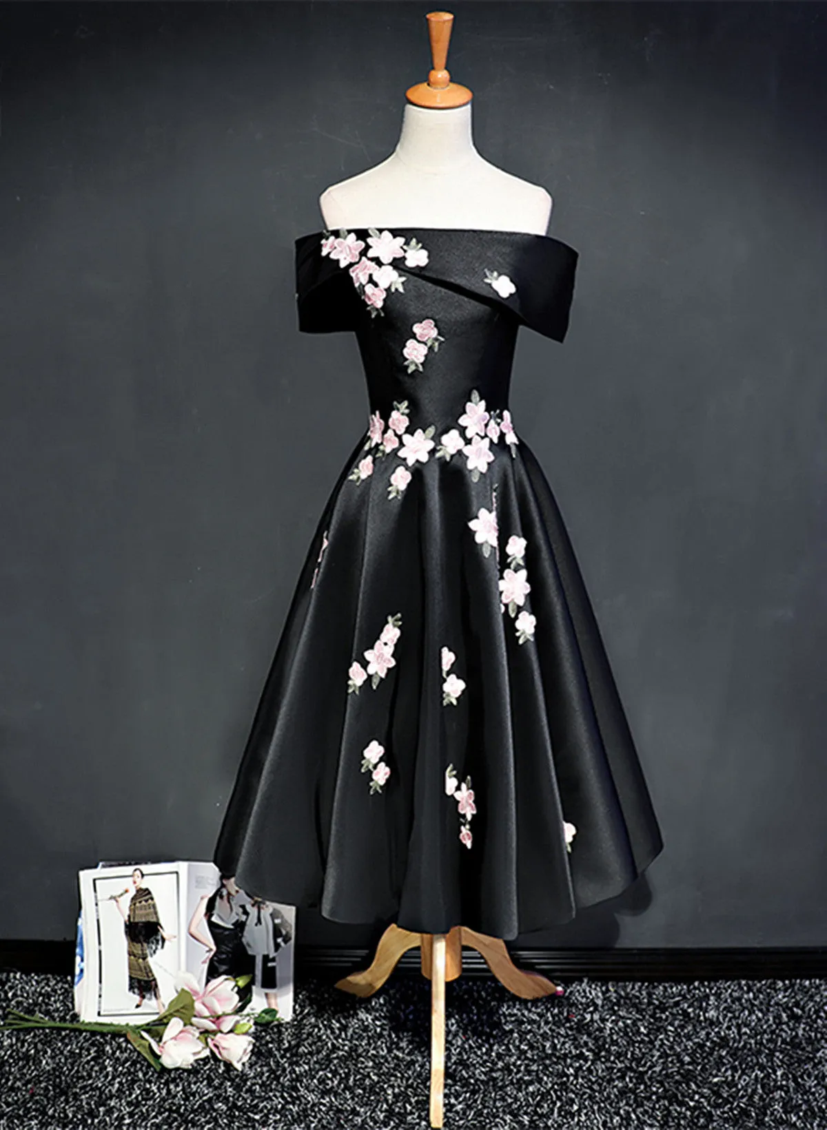 Black Knee Length Satin with Flowers Party Dress, Black Short Prom Dress Homecoming Dress