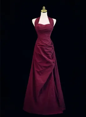 Burgundy A-line Halter Vintage Style Prom Dress, Burgundy Long Evening Dress