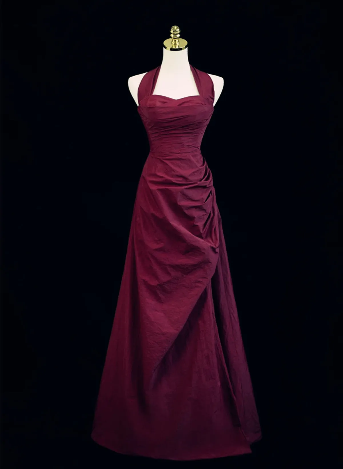 Burgundy A-line Halter Vintage Style Prom Dress, Burgundy Long Evening Dress