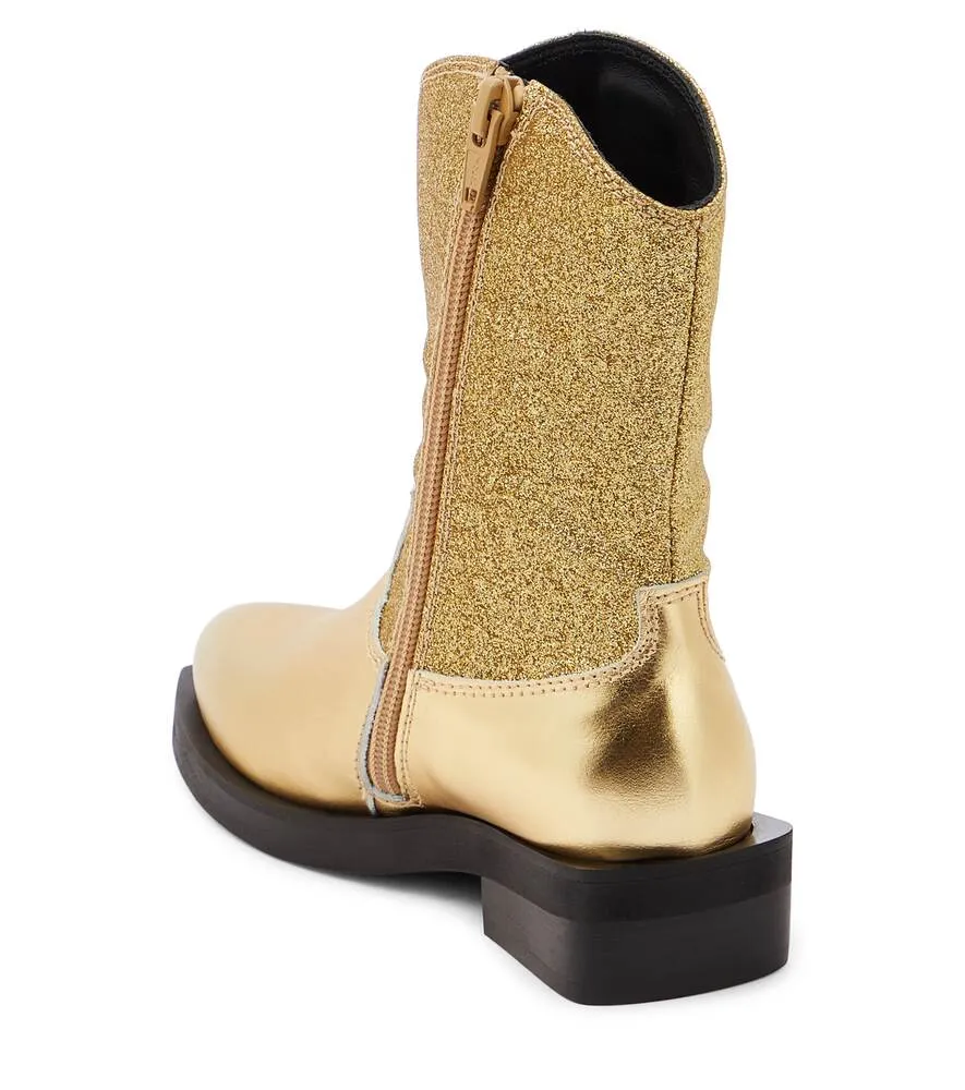 Cowboy boots in leather with glitter and Moschino logo, gold