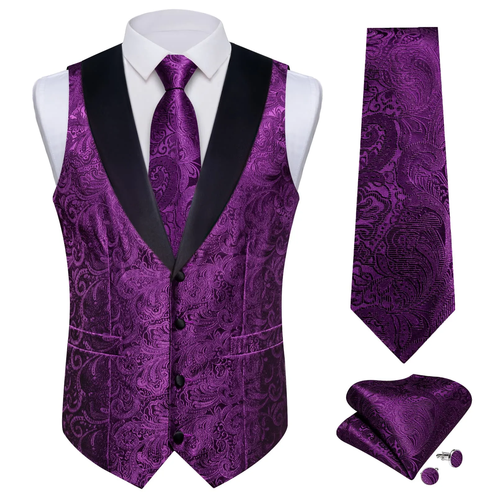 DiBanGu Patriarch Purple Floral Silk Shawl Collar Mens Dress Vest Tie Set