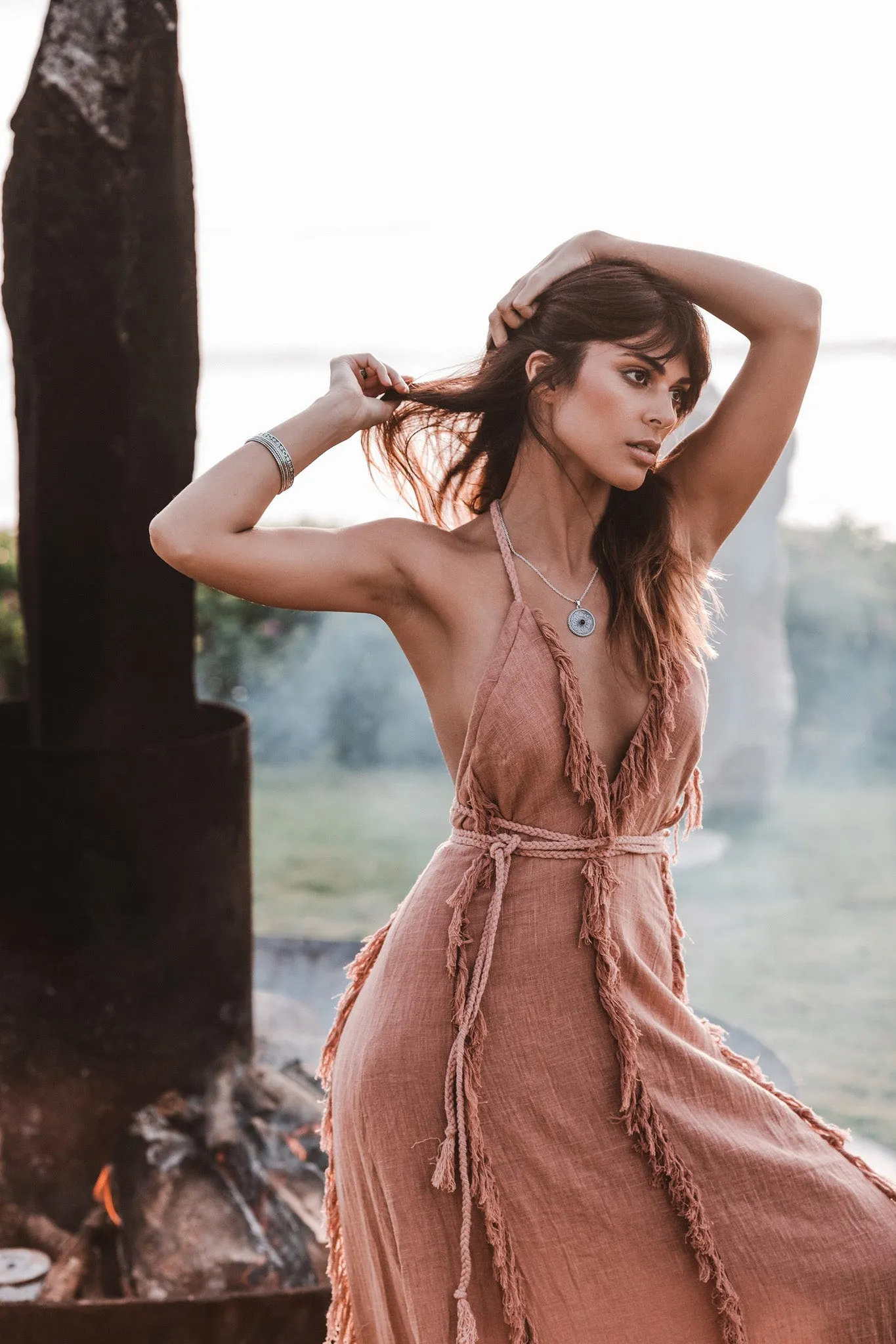 Dusty Rose Organic Boho Dress with Hand Loomed Tassels