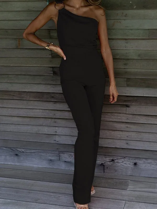 Jumpsuits Casual One Shoulder Slim Fit Sleeveless Jumpsuit for Women