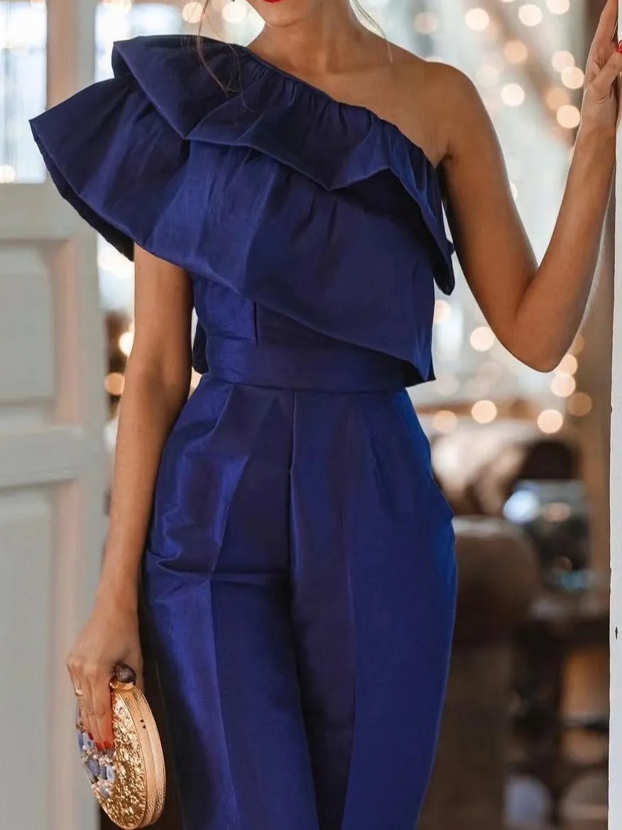 Jumpsuits One-Shoulder Ruffle Pocket Sleeveless Jumpsuit for Women