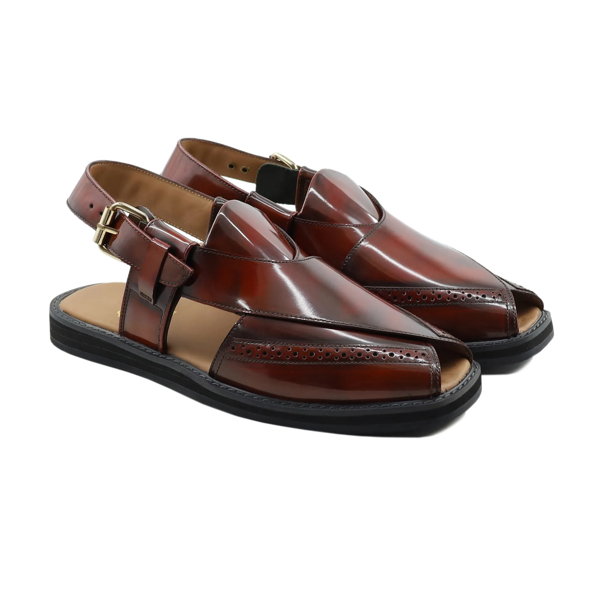 Karl - Men's Reddish Brown Box Leather High Shine Sandal