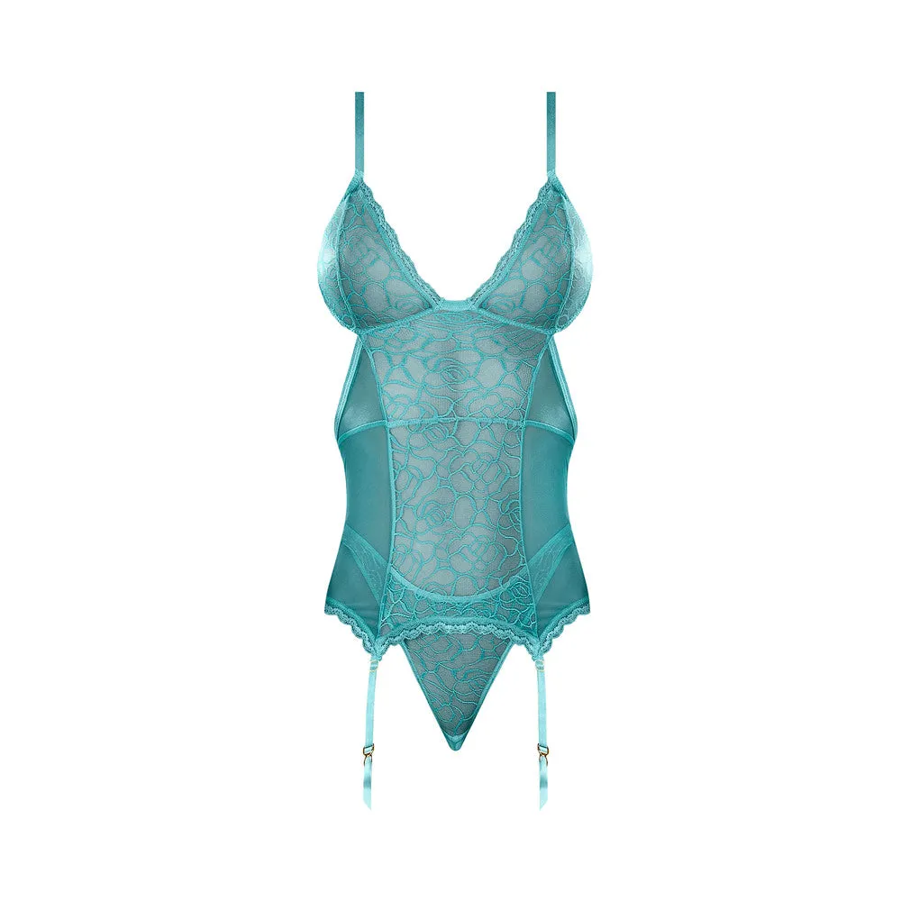 Magic Silk Soft Petals Floral Mesh Basque with Garter Straps & Thong Set Aqua