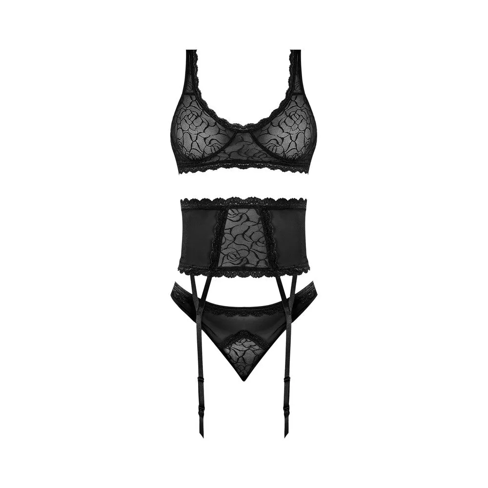 Magic Silk Soft Petals Floral Mesh Bralette with Waist Cincher, Garter Straps & Cheeky Panty Black