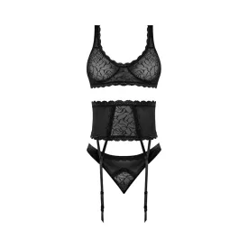 Magic Silk Soft Petals Floral Mesh Bralette with Waist Cincher, Garter Straps & Cheeky Panty Black