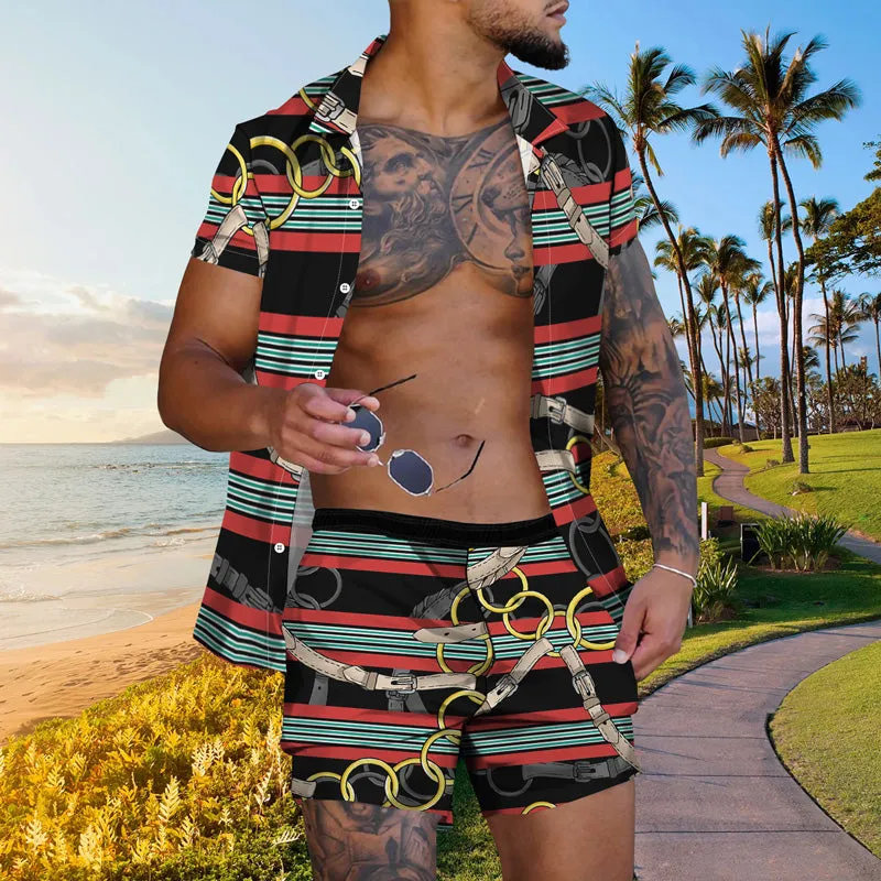 Men's Gold Chain Hawaiian Casual Short Sleeve Suits