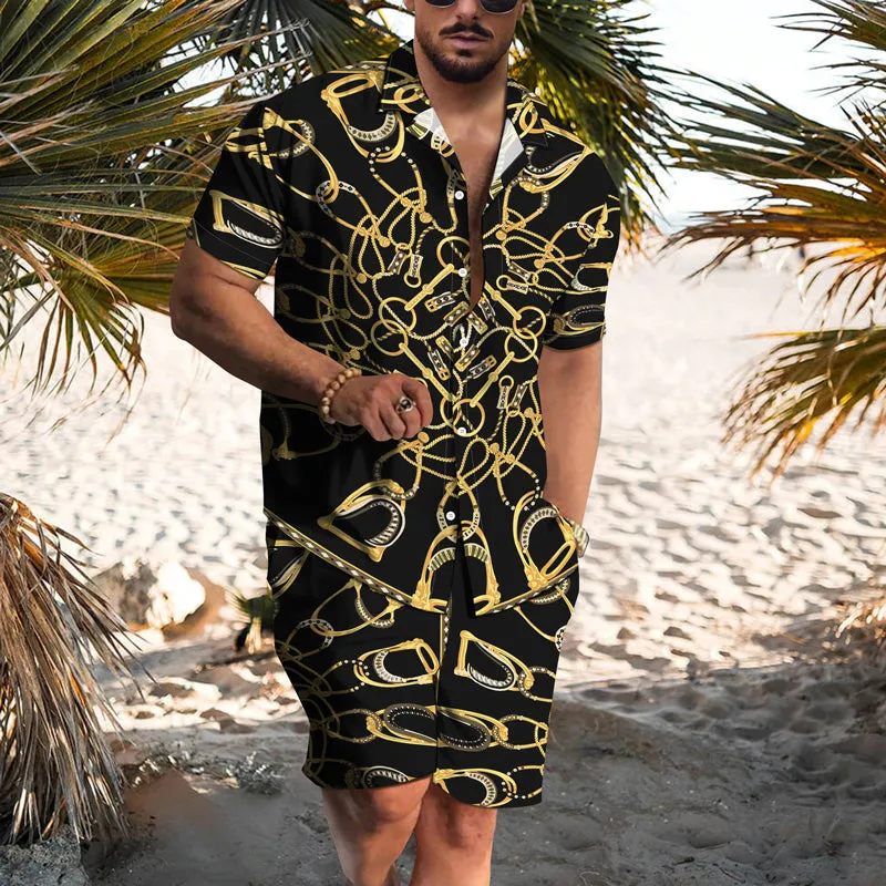 Men's Gold Chain Hawaiian Casual Short Sleeve Suits