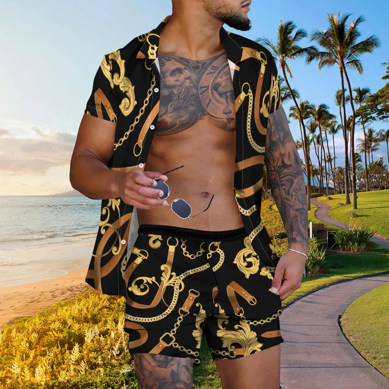 Men's Gold Chain Hawaiian Casual Short Sleeve Suits