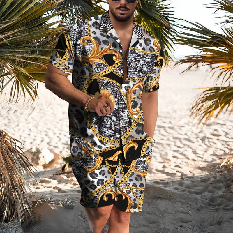 Men's Gold Chain Hawaiian Casual Short Sleeve Suits