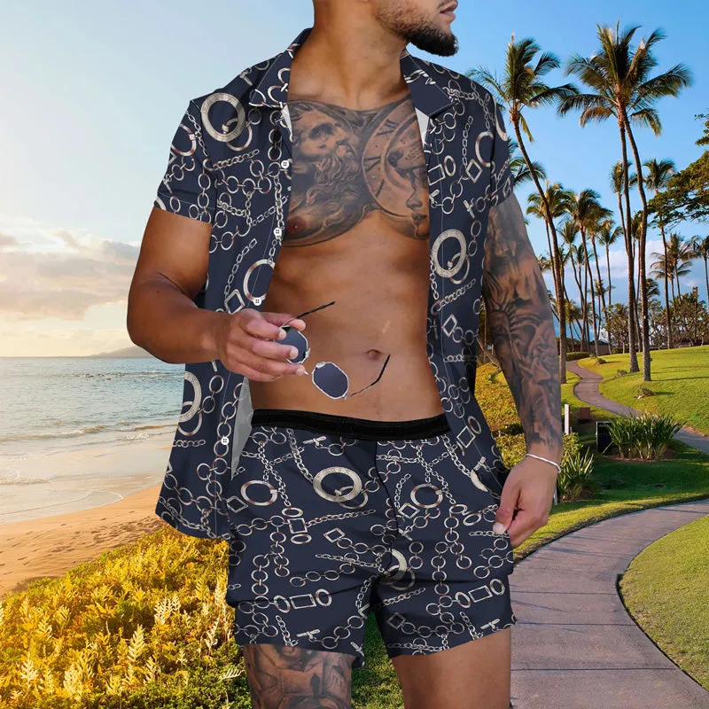 Men's Gold Chain Hawaiian Casual Short Sleeve Suits