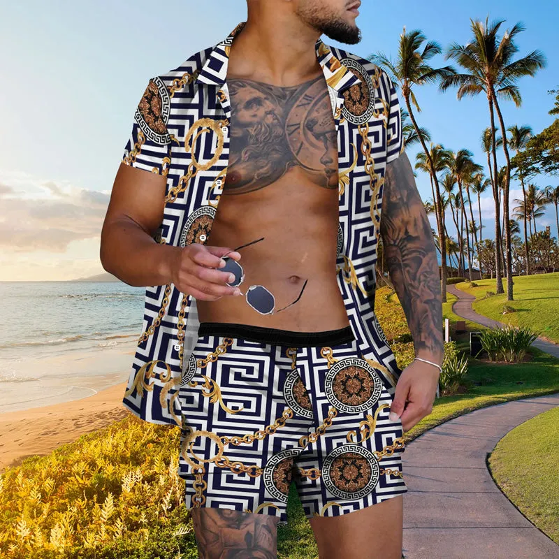 Men's Gold Chain Hawaiian Casual Short Sleeve Suits