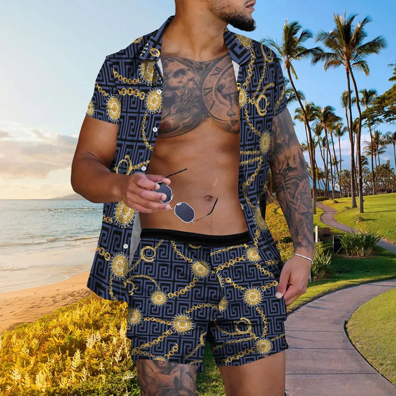 Men's Gold Chain Hawaiian Casual Short Sleeve Suits