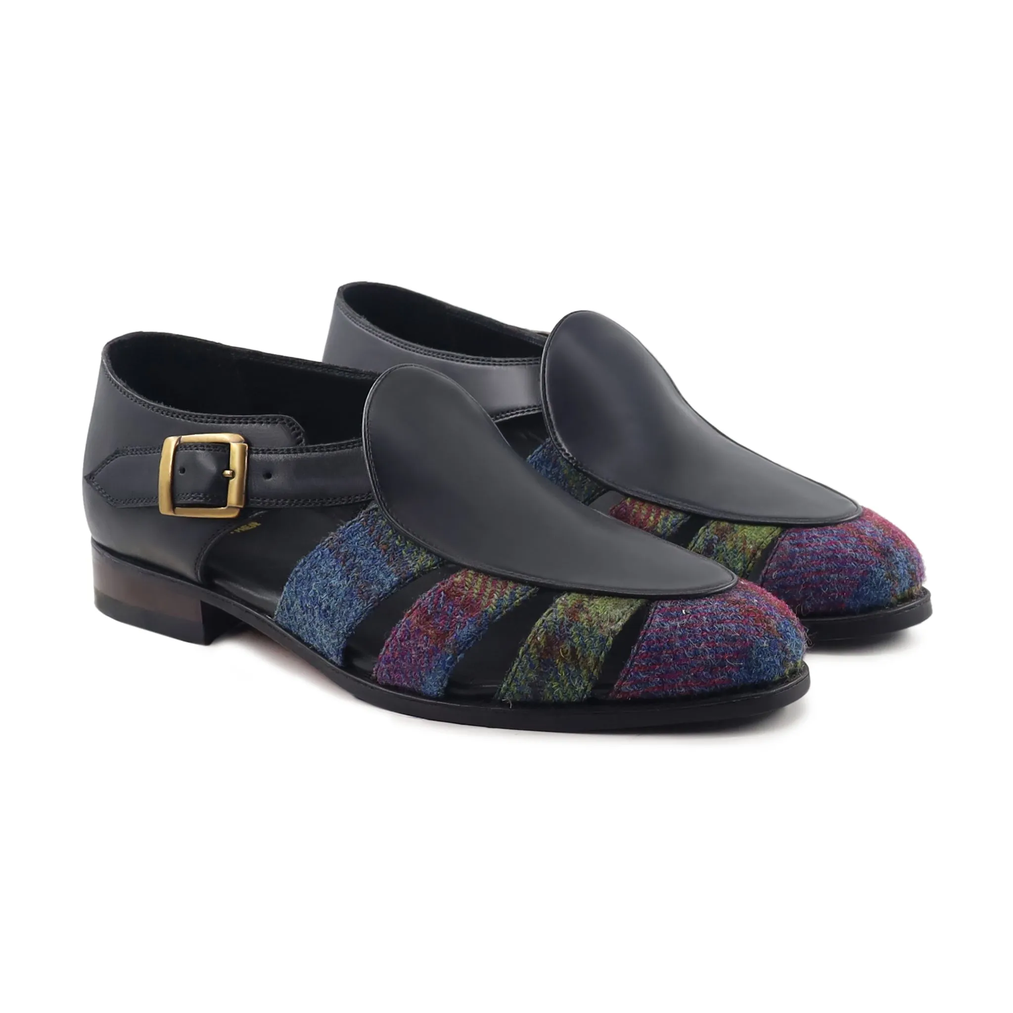 Pedri - Men's Black Calf Leather and Harris Tweed Sandal