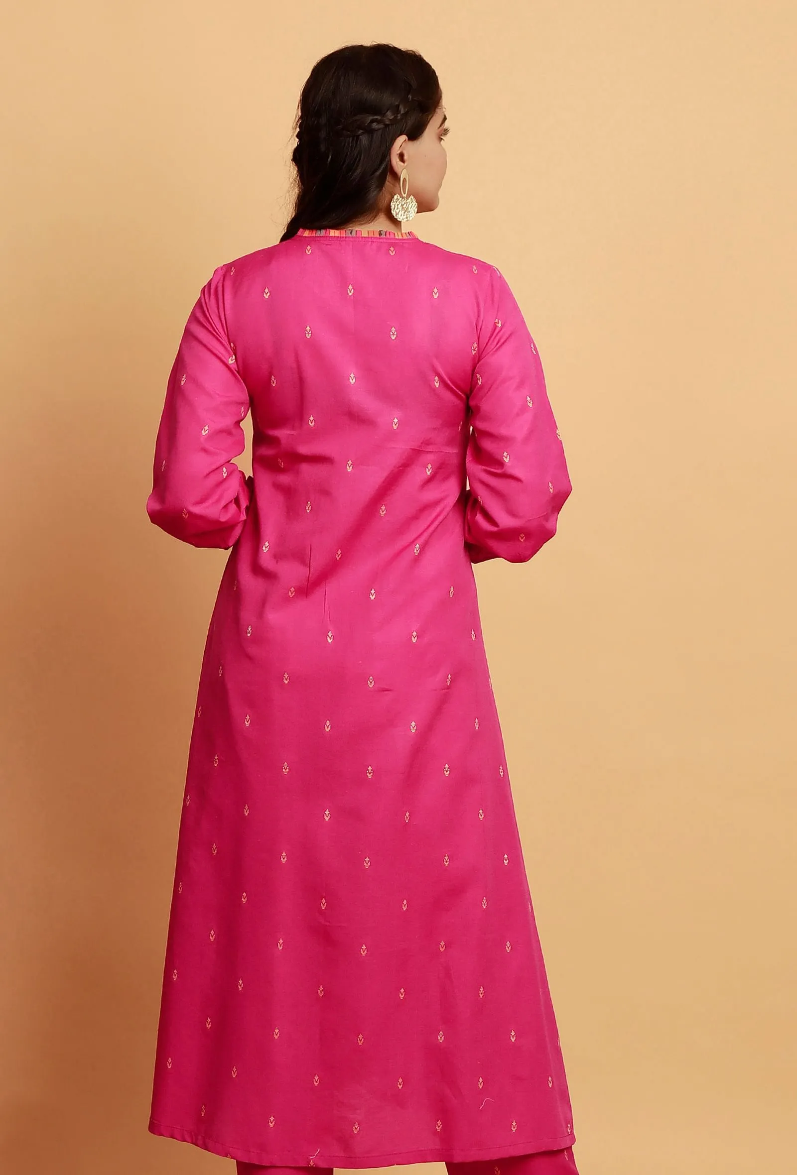 Pink  A-line Cotton Kurta with Puffed sleeves