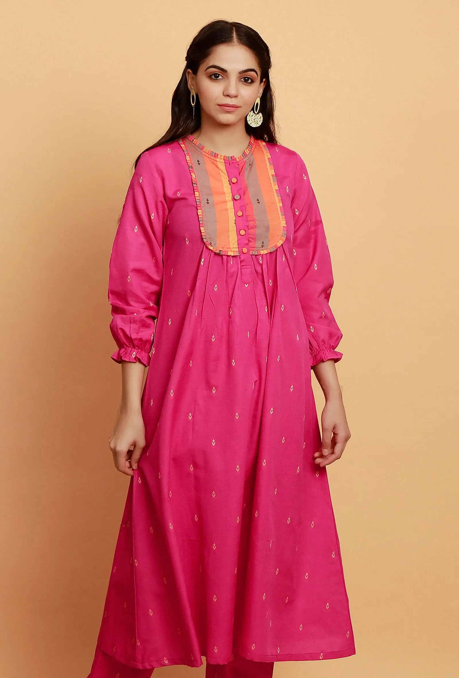 Pink  A-line Cotton Kurta with Puffed sleeves