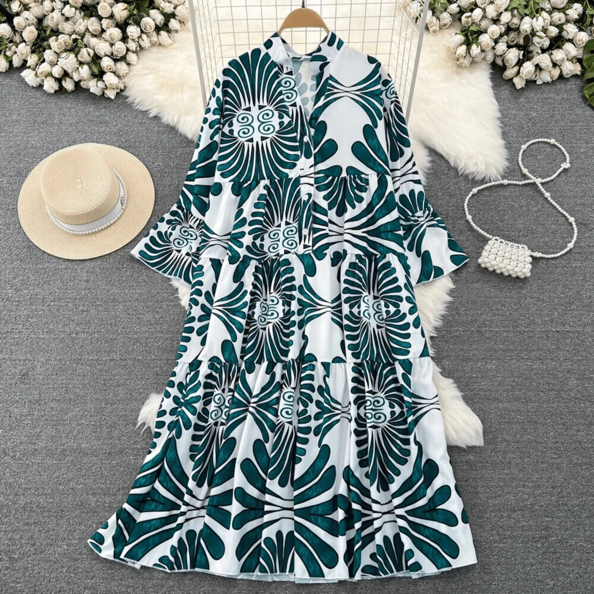 Pre Order:  Bohemian Print Flare Sleeves Ruffle Dress