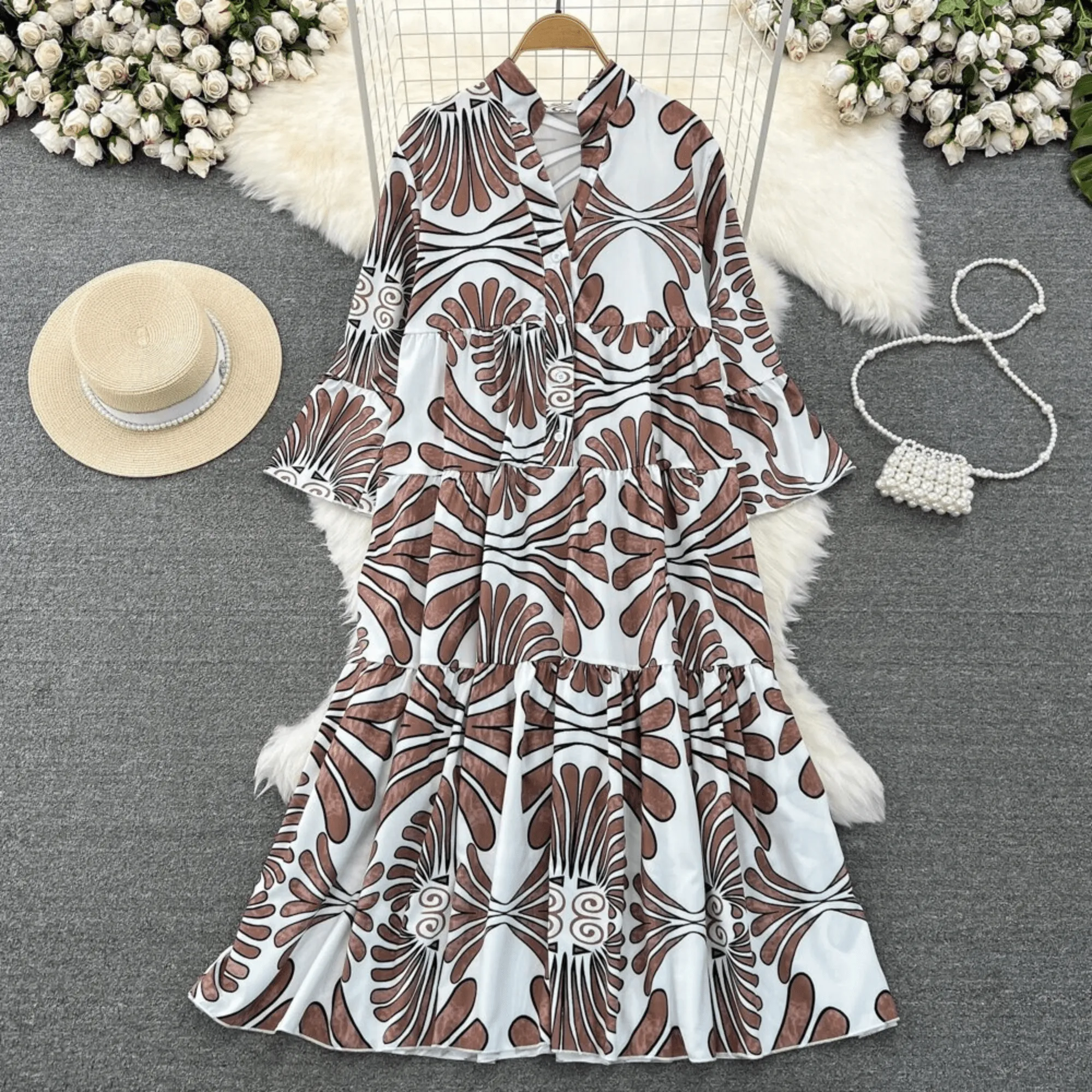 Pre Order:  Bohemian Print Flare Sleeves Ruffle Dress