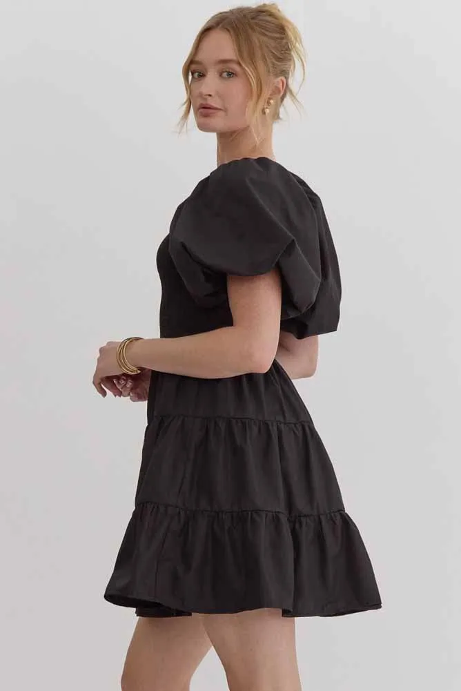 Puff Sleeve Tiered Mini Dress in Black by Entro