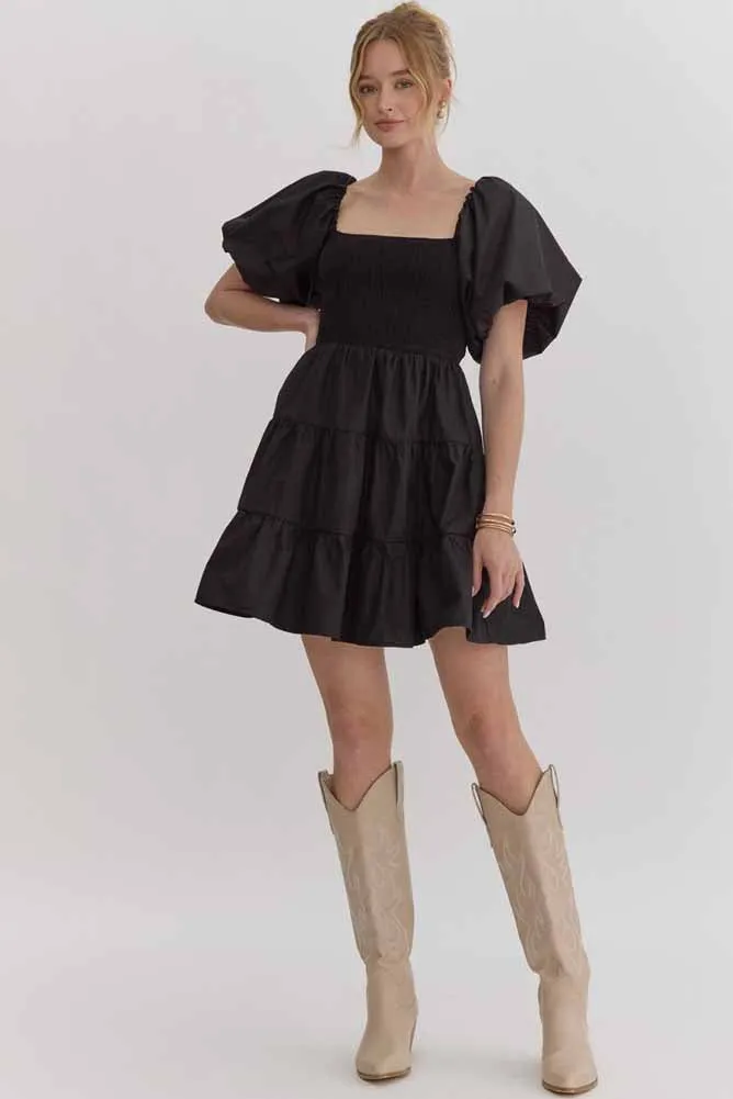 Puff Sleeve Tiered Mini Dress in Black by Entro