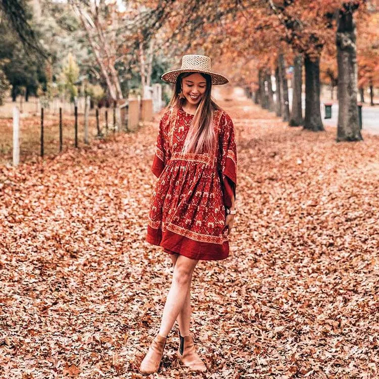 Red Floral Print Kimono Sleeve Mini Dress