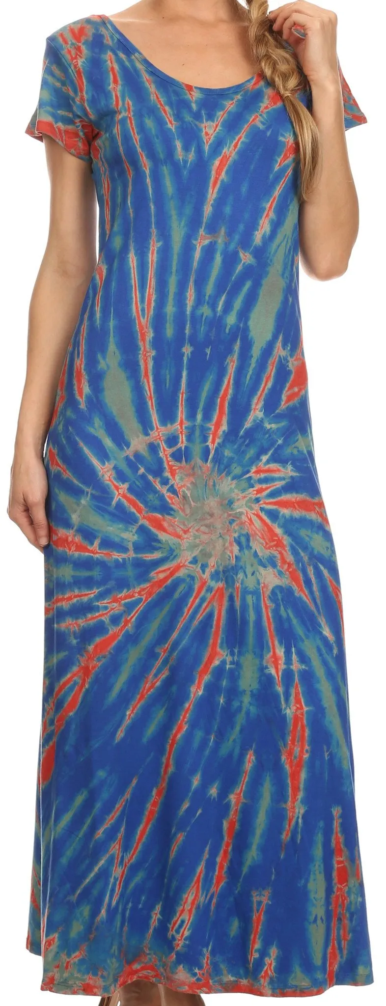 Sakkas Diana Long Tie Dye Scoop Neck Cap Sleeves Dress