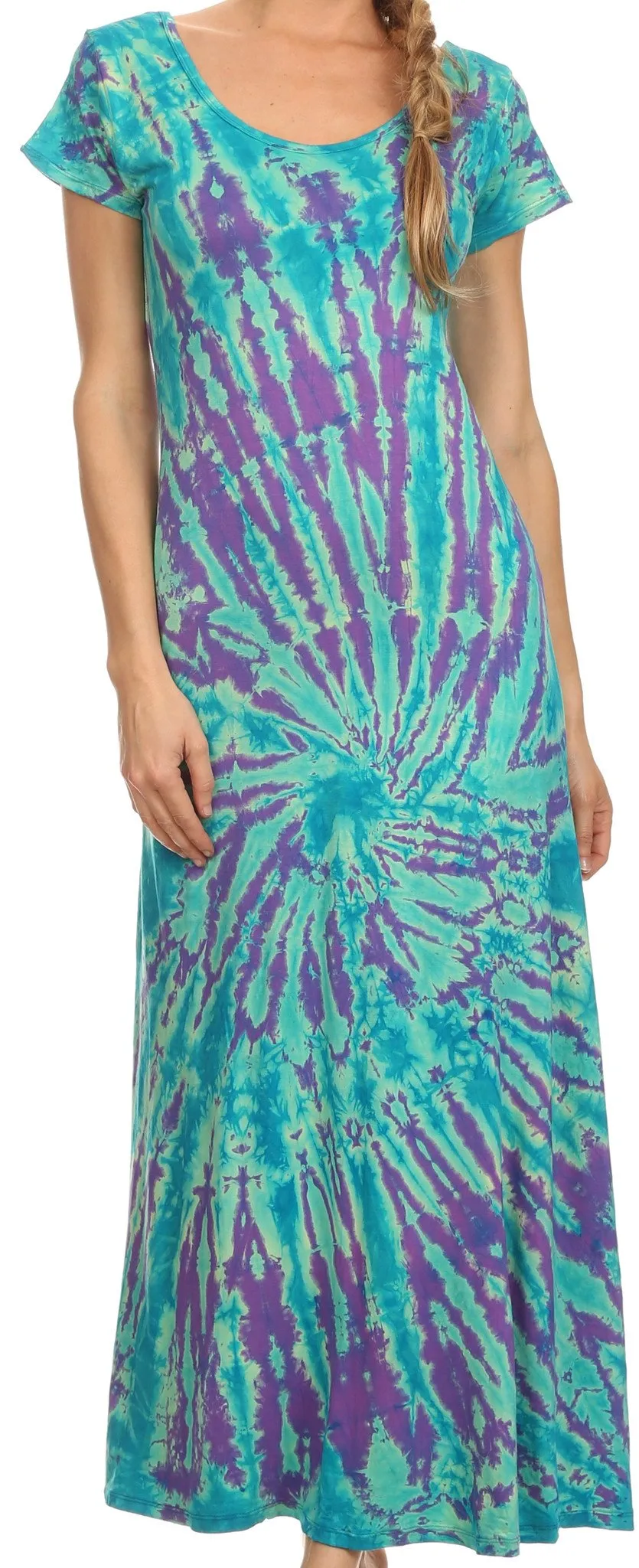 Sakkas Diana Long Tie Dye Scoop Neck Cap Sleeves Dress