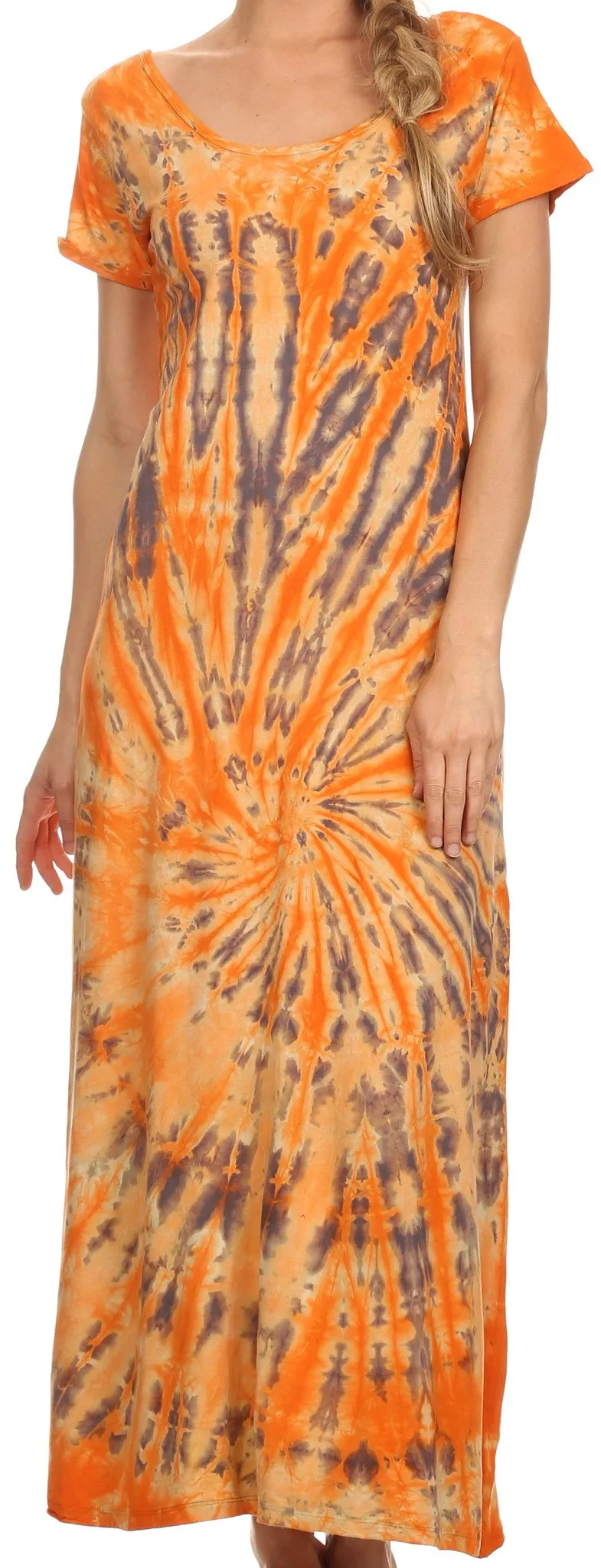 Sakkas Diana Long Tie Dye Scoop Neck Cap Sleeves Dress