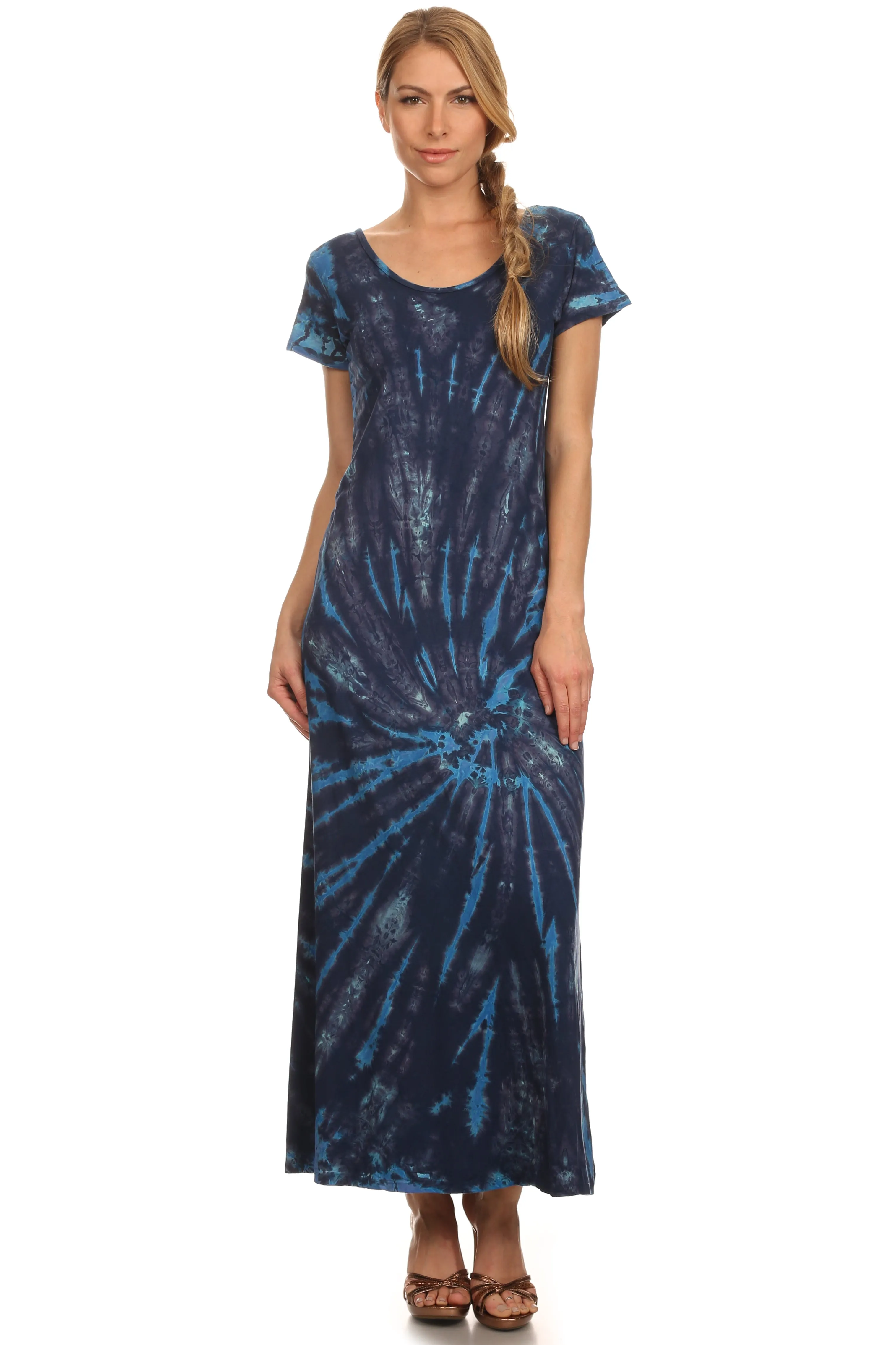 Sakkas Diana Long Tie Dye Scoop Neck Cap Sleeves Dress