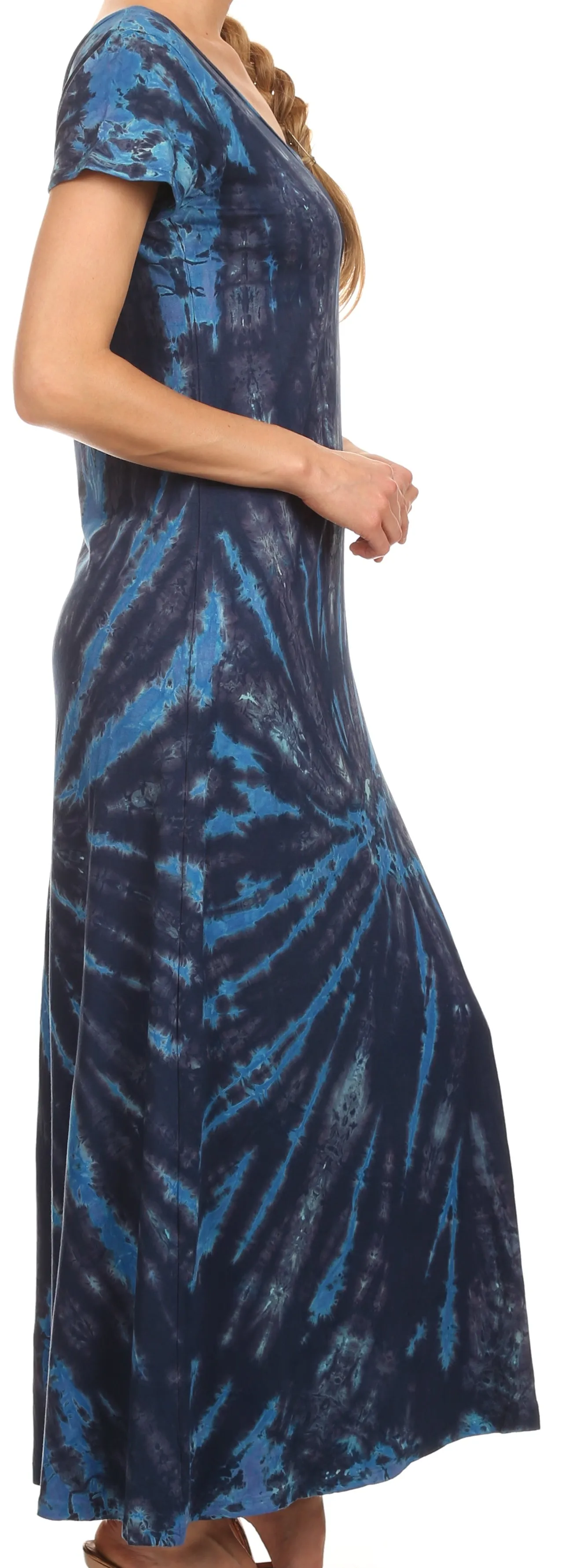 Sakkas Diana Long Tie Dye Scoop Neck Cap Sleeves Dress