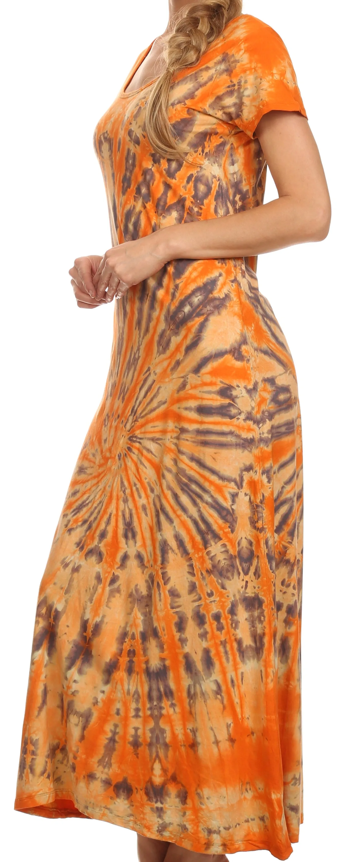 Sakkas Diana Long Tie Dye Scoop Neck Cap Sleeves Dress