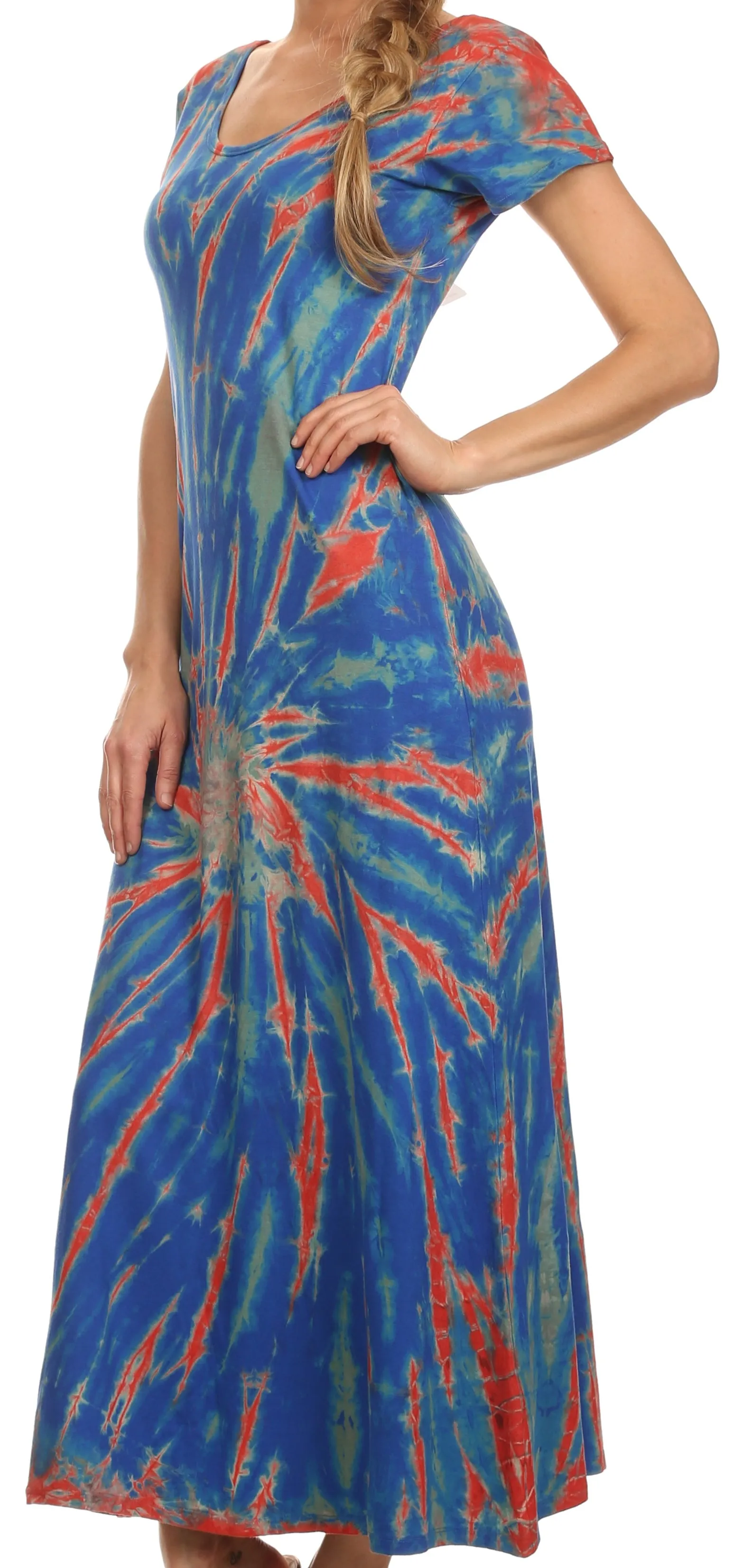 Sakkas Diana Long Tie Dye Scoop Neck Cap Sleeves Dress