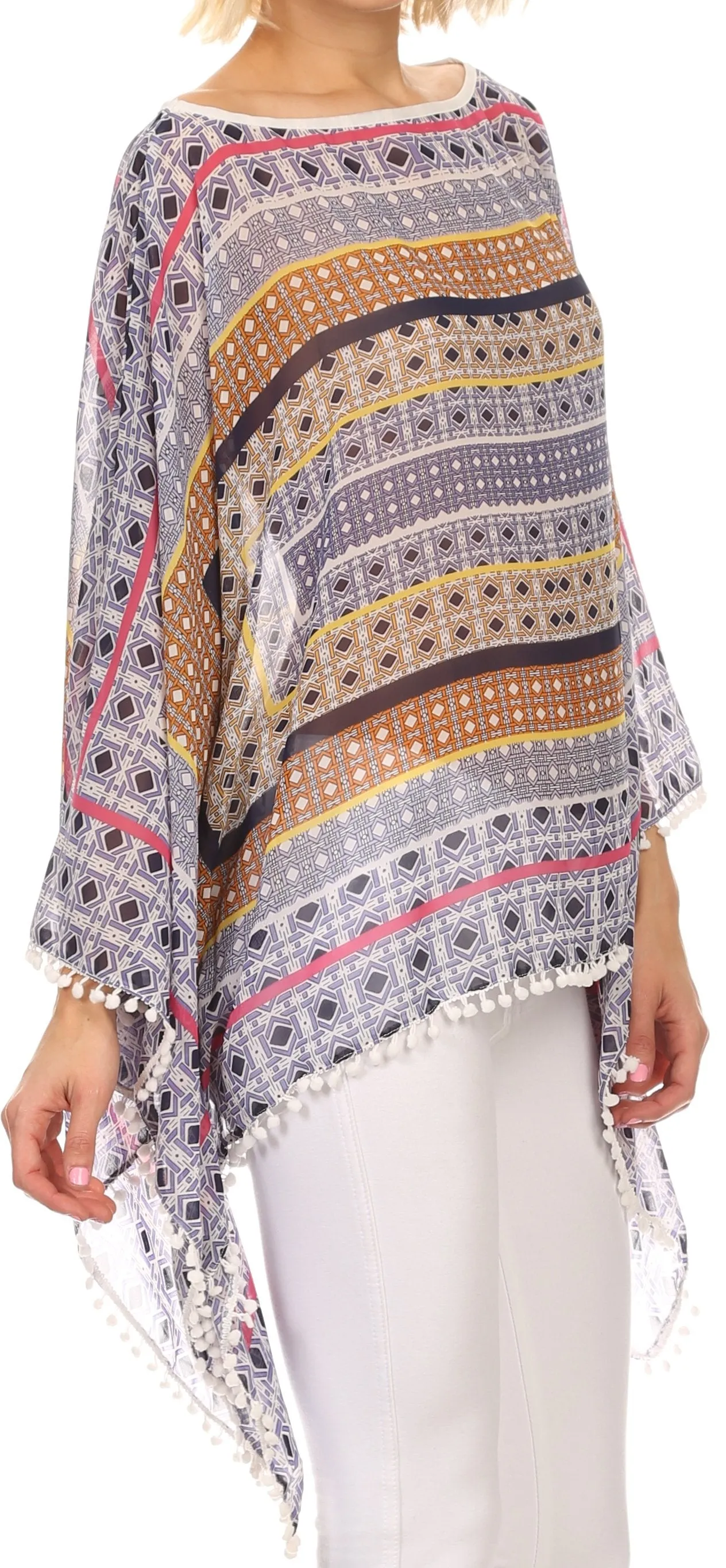 Sakkas Luiem Long Tall Wide Tribal Print Multi Colored Tassel Poncho Top Blouse