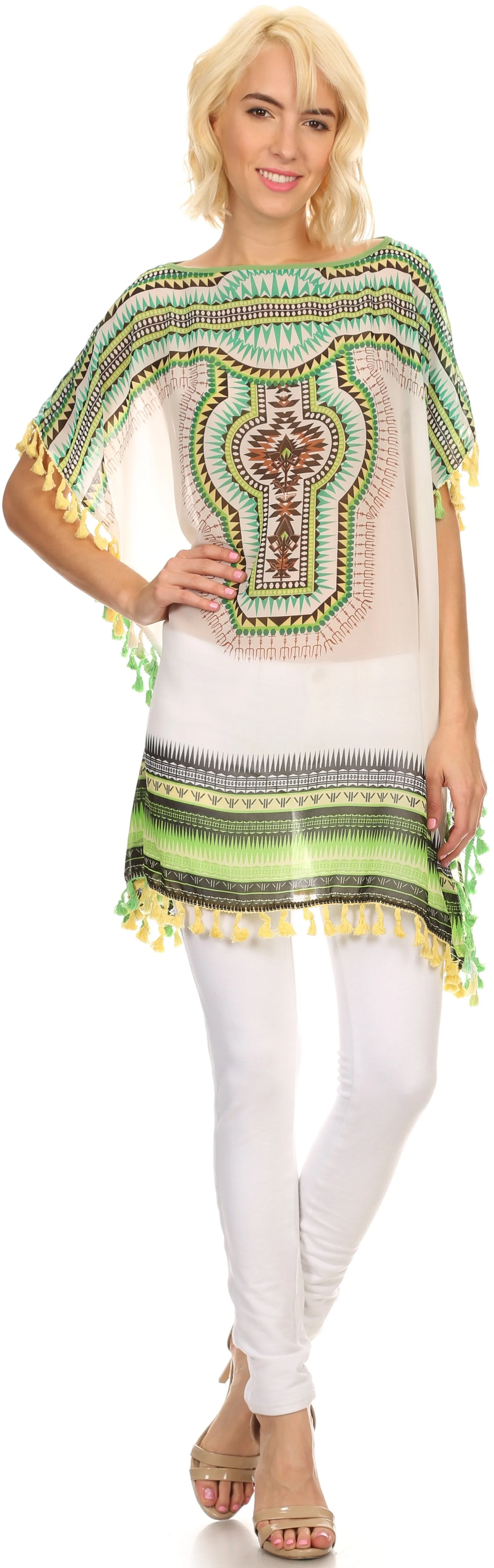 Sakkas Luiem Long Tall Wide Tribal Print Multi Colored Tassel Poncho Top Blouse