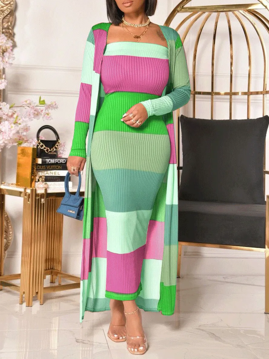 Sets Multicolor Striped Dress & Coat Two-Piece Suit for Women