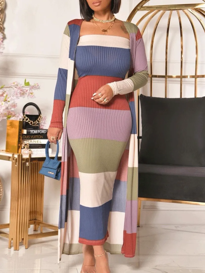 Sets Multicolor Striped Dress & Coat Two-Piece Suit for Women