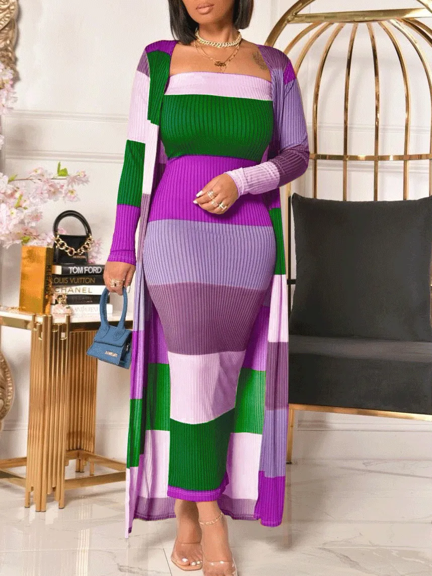 Sets Multicolor Striped Dress & Coat Two-Piece Suit for Women