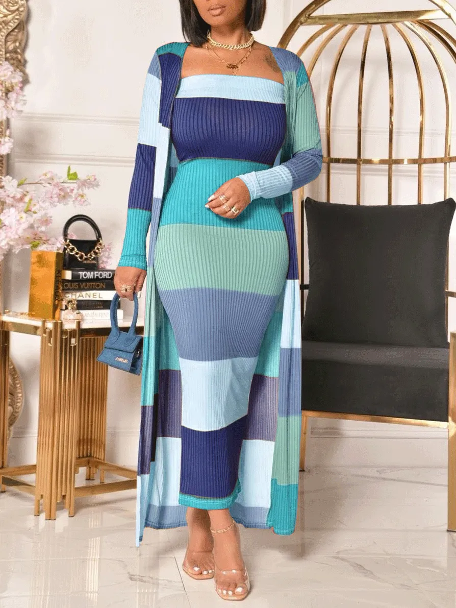 Sets Multicolor Striped Dress & Coat Two-Piece Suit for Women