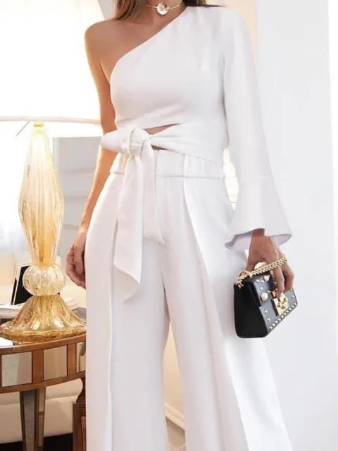 Sets One-Shoulder Sleeve Lace-Up Trousers Two-Piece Suit for Women