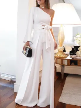 Sets One-Shoulder Sleeve Lace-Up Trousers Two-Piece Suit for Women