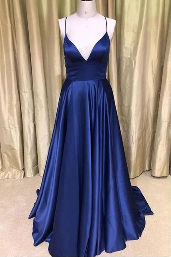 Simple Dark Green Satin Long V Neck Prom Dress  Evening Dress  PSK105